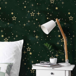 Modern Beautiful Dark Wallpaper Stars on Emerald Background Starry Sky Peel and Stick Self-adhesive or Non-woven Wallpaper