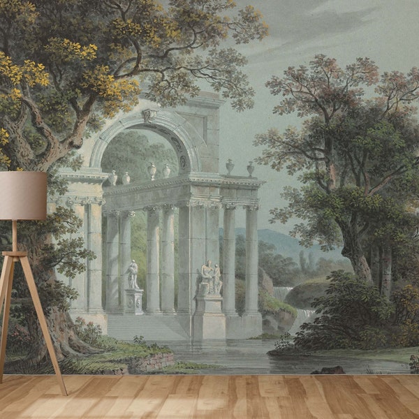 Landelijk vintage landschap met kolommen behang Bomenveld Verwisselbaar behang Retro antiek schilderachtig Verwisselbare muurkunstmuurschildering Room Decor