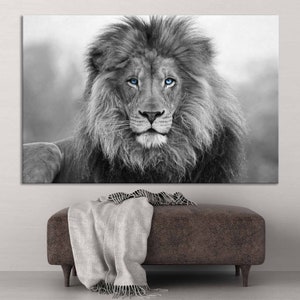 Blue eyes Lion Wall Art, Black & white decor, Photo Animal print on canvas birthday,  Gift Modern framed canvas, African Lion print, Interio