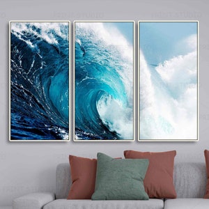 3-delige muurkunst decor blauwe grote brekende golf oceaan set van drie foto&#39;s Hawaiiaans surfstrand fotografie canvas kust zee print