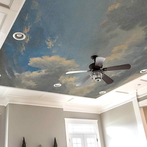 天井の青い空の雲 ヴィンテージ油絵 粘着式または不織布の壁紙 レトロな水彩画の壁画 寄り添う雲