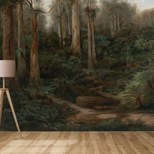 Vintage forest with old big trees Retro Scenic Landscape dark Oil painting Self-adhesive fabric Non-woven wallpaper View Nature wall decor