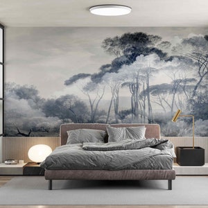 Vintage Trees Wall Mural  Vintage Landscape Panoramic Wallpaper Forest Landscape Retro Shabby Scene wallpaper, Landscape vintage Panoramique