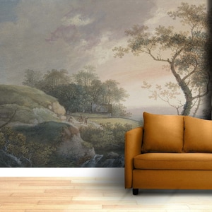 Rural painting retro wall mural Self Adhesive or Regular wallpaper Landscape panoramic retro scenic decor Victorian style Valley view print