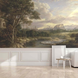 Rural forest oil painting wall mural Vintage landscape panoramic view Self-adhesive or Non-woven wallpaper Big trees Countryside decor retro