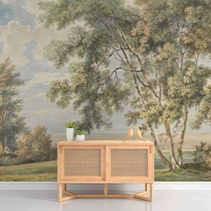 Natur Landschaft Retro Wllpaper Große Alte Grüne Bäume Hügel Vintage Wand Kunst Dekor Selbstklebender Stoff oder Vlies Wandbild