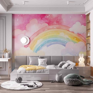 Arcobaleno luminoso multicolore con nuvole Carta da parati autoadesiva in tessuto o tessuto non tessuto Decorazione murale ad acquerello per cameretta dei bambini