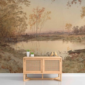 Bella natura Cropsey riproduzione autunno giallo arancione grandi alberi parco lago tessuto autoadesivo o carta da parati non tessuta