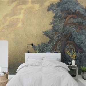 Rural Vintage Landscape large Tree Wall Mural Fine art Panoramic Removable or Regular wallpaper Forest beige gray calm Retro painting scenic