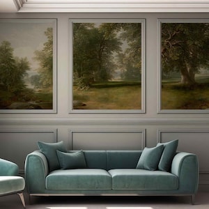 Ländliche Vintage Landschaft landschaftlich Selbstklebende oder Vlies Retro Tapete Tal Große Bäume Malerei Öl Wandbild Fine Art Wanddekor