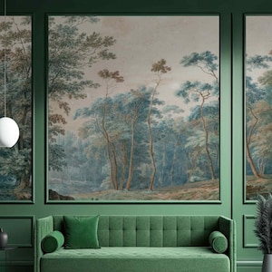 Beautiful Green Big Trees Forest Old Landscape Shepherd in the Forest Vintage Wall Art Decor Self-adhesive fabric or Non-woven Mural Vintage