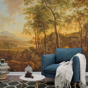 Grandi alberi Autunno storico colori caldi natura scenica murale Stile vittoriano Campagna vintage Tessuto autoadesivo o carta da parati non tessuta
