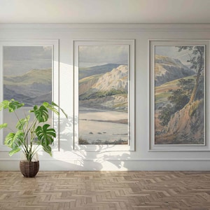 Panoramic view mountain valley oil wall mural Vintage landscape Self-adhesive or Non-woven wallpaper Fine art Beige neutral retro