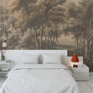 Big trees Rural retro beautiful scenic landscape Oil Painting Wall Murals Vintage forest Self-adhesive fabric or Non-woven Moody wallpaper
