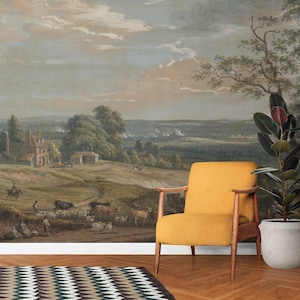 Ristampa di un dipinto ad olio rurale inglese, murale retrò, carta da parati autoadesiva o non tessuta, paesaggio panoramico vintage in stile vittoriano