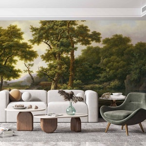 Rural forest painting wall mural Vintage landscape removable wallpaper Tree Countryside decor wall Scenic painting mural Landscape Panoramic image 2