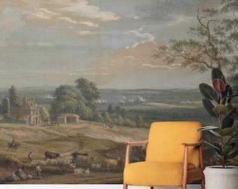 イギリスの田舎の油絵の復刻版レトロな壁画、粘着式または不織布の壁紙、風景のパノラマ、ヴィンテージ、風景、ビクトリア朝様式