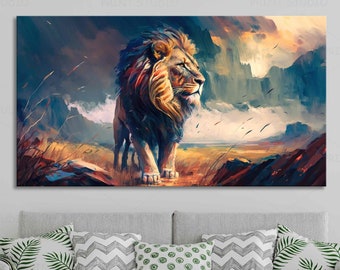 Lion Abstract Watercolor illustration Canvas Print Framed Colorful Wild Nature Landscape Animals Modern Wall Art Decor Ready to Hang