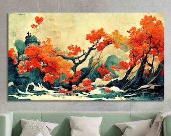 Japanese autumn landscape Abstract Tree Art Chinese Asian nature watercolor canvas print framed mountains river picture wall art home decor