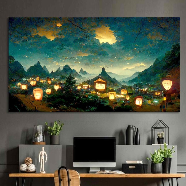 Beautiful fabulous night scene Japanese Fairy landscape with Chinese lanterns Oriental nature Zen Mountain poster print or canvas framed