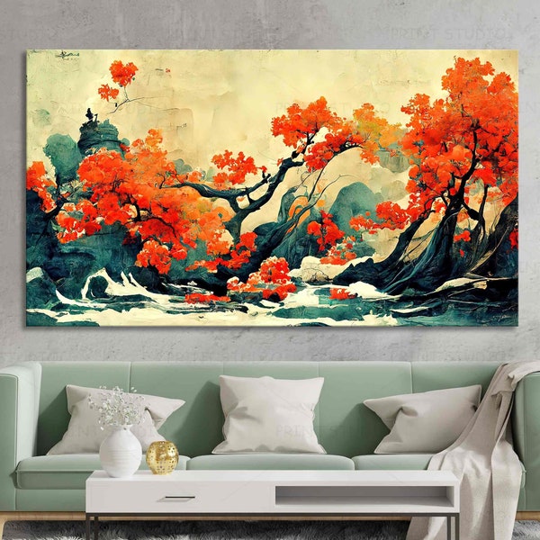 Paisaje de otoño japonés Arte abstracto del árbol Naturaleza asiática china Impresión de lienzo de acuarela Montañas enmarcadas Imagen del río Arte de la pared Decoración del hogar