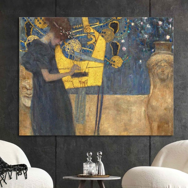 Peinture de Klimt Music, impression sur toile pour décoration murale artistique, reproduction d'oeuvres d'art sur plusieurs panneaux pour la maison, impression d'oeuvres d'art vintage, mélodies en or