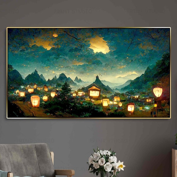 Wunderschöne, fabelhafte Nachtszene, japanische Feenlandschaft mit chinesischen Laternen, orientalische Natur, Zen-Berg-Posterdruck oder Leinwand gerahmt