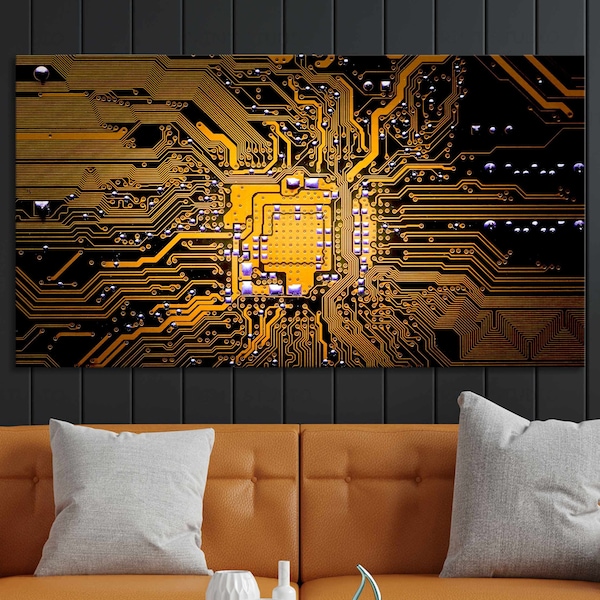 Circuit layout Electronics wall art Chip huge panoramic canvas print Circuit board home office decor Motherboard Computer science printed