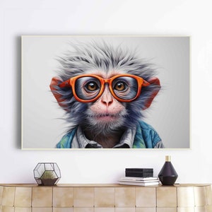 Lustiger Affe in Jacke und Sonnenbrille amüsante Tiere Leinwanddruck gerahmt bunte Tiere zeitgenössische Wandkunst Dekor Wohnzimmerdekor