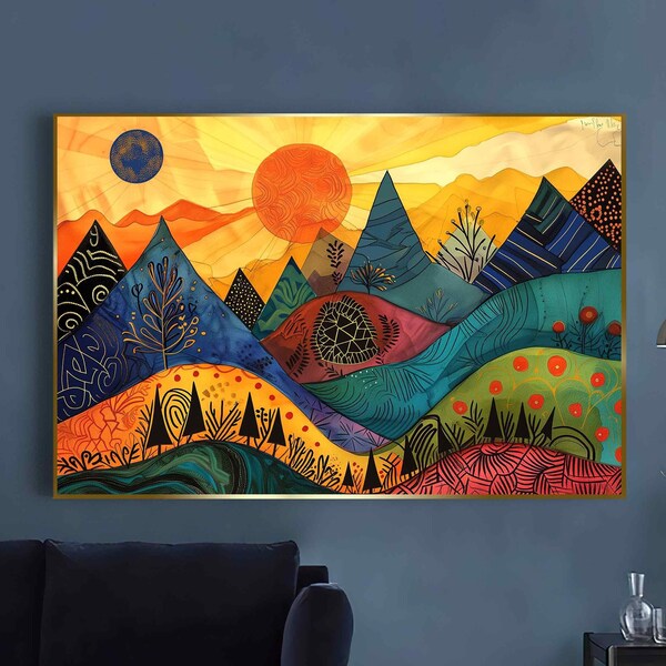 Sunset over the Mountains Multicolored Bright Wall Art Print Mountain Landscape Wall Art Canvas Sun Alps