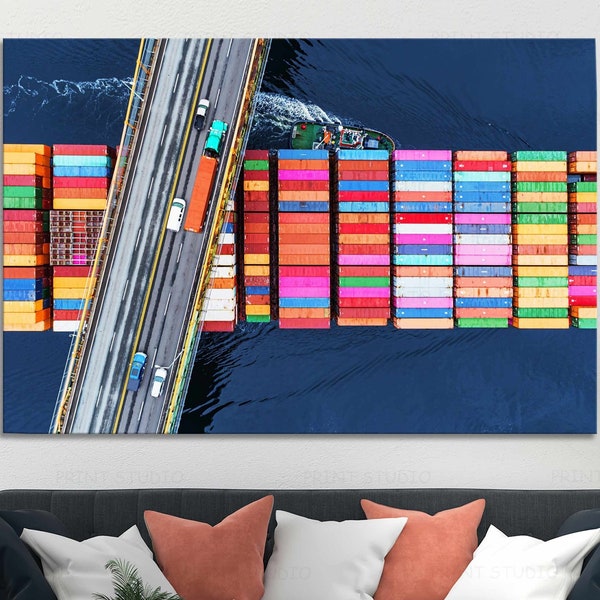 Container Ship Art Print Christmas Gift Water Logistic Art International Container Cargo Ship Contemporary Wall Logistic Business office Art