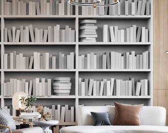 Libros 3D en estantes en una estantería Impresión en blanco y negro Tela autoadhesiva o papel tapiz no tejido Decoración de pared de biblioteca realista para el hogar
