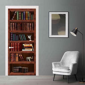 Vintage brown shelves with books Door mural Cover Peel and Stick Bookcase Decal Contemporary Wrap Room Wall Large art interior decoration