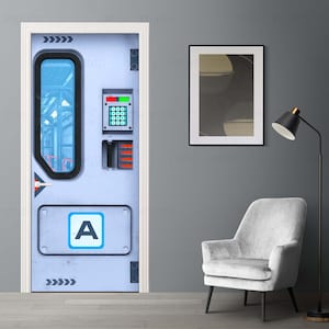 Modern sci fi space door mural Dark gray blue cover Peel and Stick spaceship decal Contemporary Wrap Room Wall art interior decoration