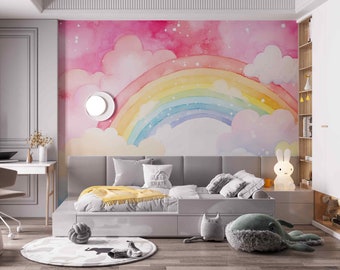 Multicolored Bright rainbow with clouds Self-adhesive fabric or non-woven wallpaper Watercolor wall decor children's room bedroom