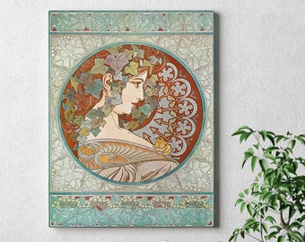 Ivy by Alphonse Mucha Retro reproduction Art Nouveau Vintage Wall Decor Premium Quality Print on canvas framed Boho romantic Illustration