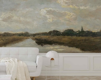 ファインアート油絵 谷のヴィンテージ 粘着布または不織布壁紙 レトロな田舎の風景 川のあるフィールド