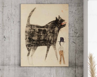 Bill Traylor man and large dog American folk art painting Animals and people Vintage primitive folk drawing Outsider wall art Reproduction