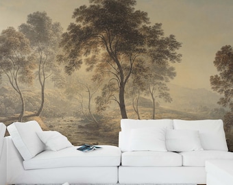 Rural Vintage Forest Regular or Removable Wallpaper Illustrated reproduction painting fine art Landscape Wall Mural Landscape panoramic View