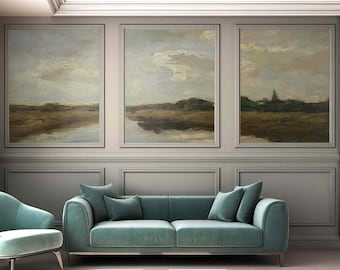 Fine art oil painting Valley vintage Self-adhesive fabric or Non-woven wallpaper Retro rural countryside landscape Field with river