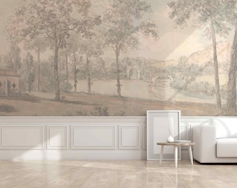 Rural Landscape Wallpaper Beige Minimalist Self-adhesive fabric or Non-woven Big Trees Mural Retro Countryside Vintage Historical View Scene