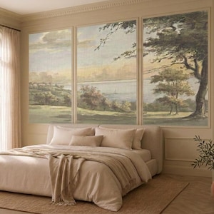 Vintage Coastal Landscape Wallpaper, English Country Wall Mural, Quiet Luxury Wallpaper image 1