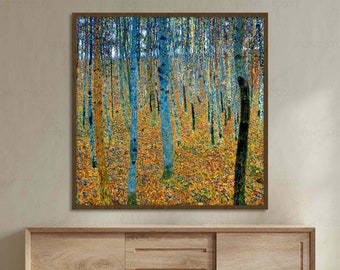 Beech Grove by Gustav Klimt Autumn nature Abstract landscape canvas print framed Big old trees wall Fine art decor Square painting