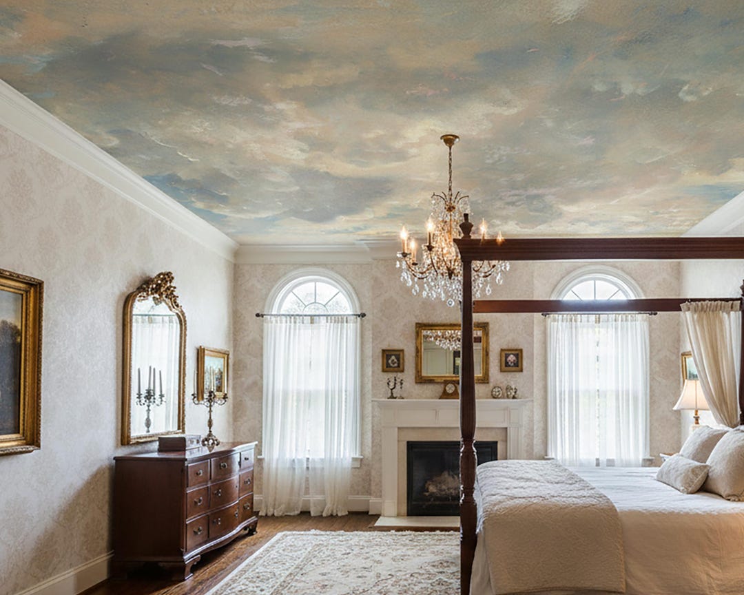 Classic Sky Ceiling Wallpaper Hand-painted Cloud Ceiling Mural Antique ...