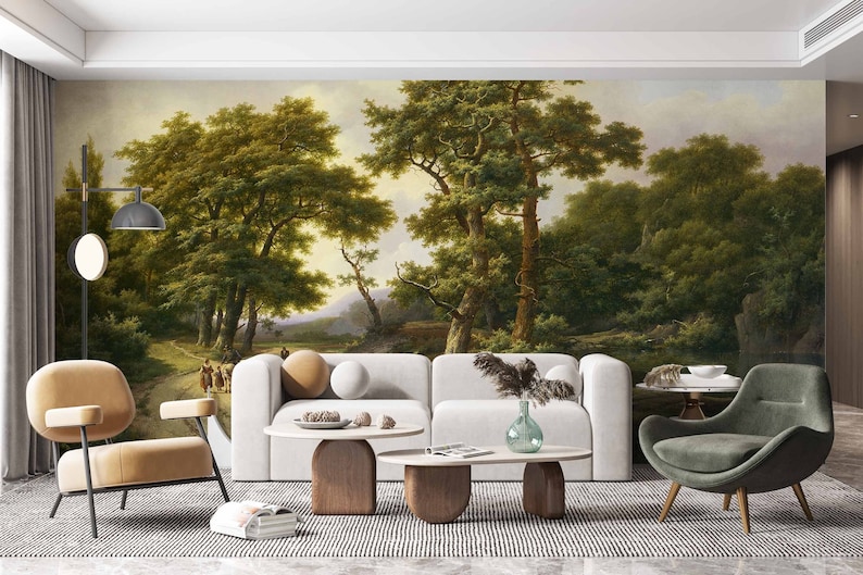Rural forest painting wall mural Vintage landscape removable wallpaper Tree Countryside decor wall Scenic painting mural Landscape Panoramic image 2