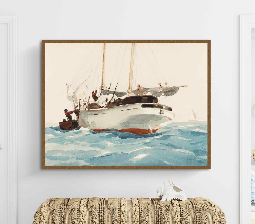 Vintage Sailboat Watercolor Wall Art Nautical Sea Painting Print ...