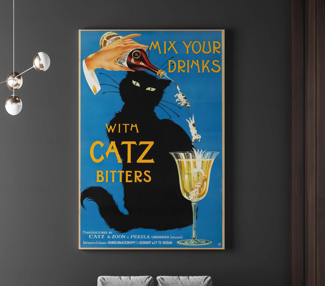 Catz Bitters Print Vintage Beverage Poster Black Cat Wall Art Bar Wall