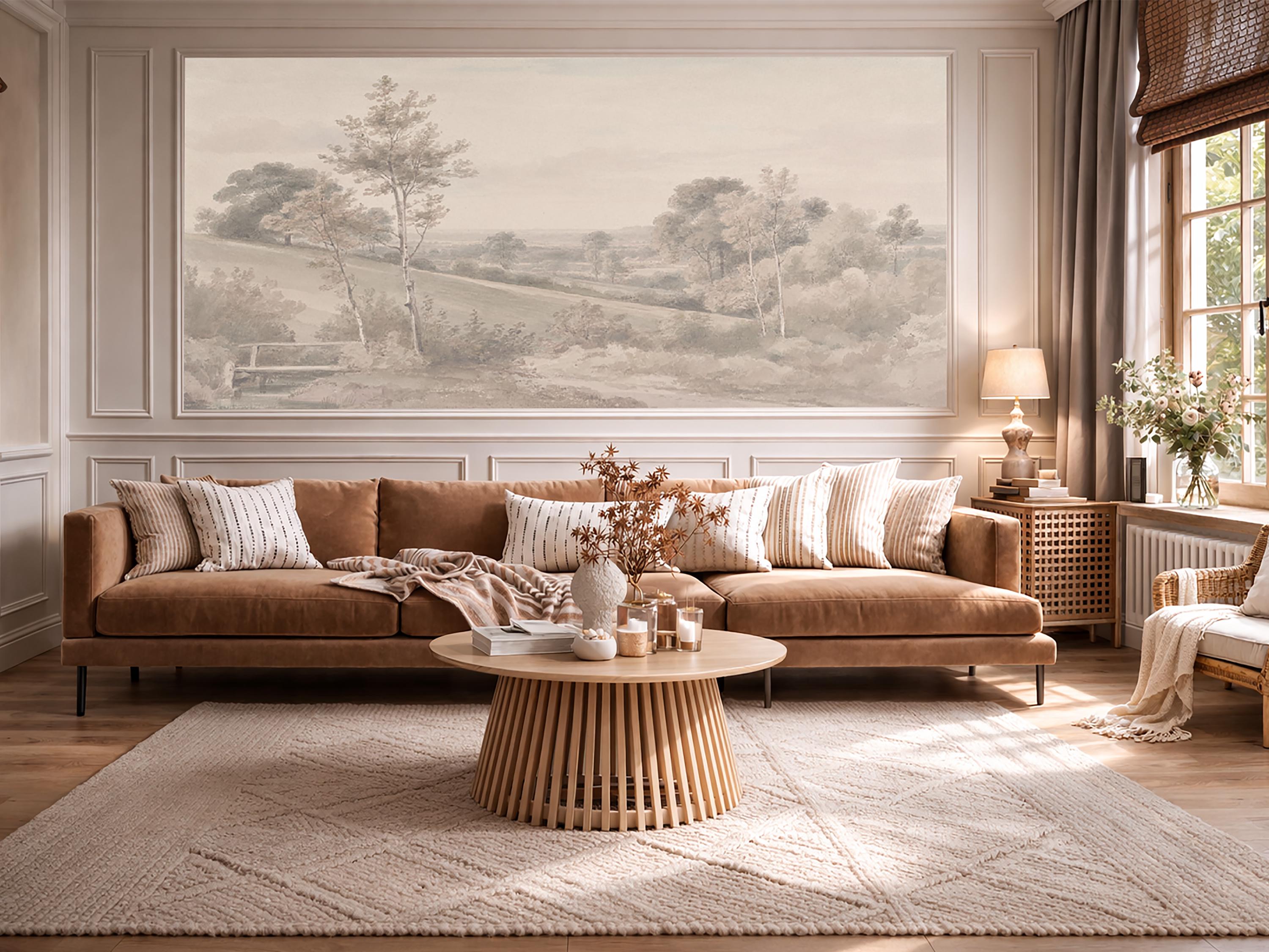 Vintage Pastoral Landscape Wallpaper Mural, Neutral Countryside Wall ...