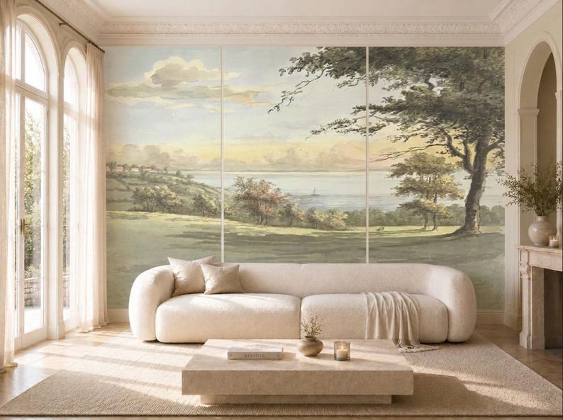 Vintage Coastal Landscape Wallpaper, English Country Wall Mural, Quiet Luxury Wallpaper image 4
