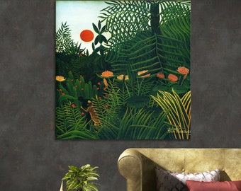 Henri Rousseau jungle with setting sun Classic Painting Forest Artwork Tropical Wall Decor Rousseau painting Vintage Exhibition Poster